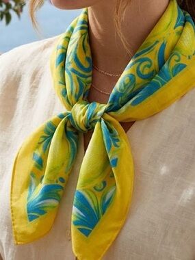 Amaré Vibrant Yellow Scarf with Blue & Green Swirl and Lemon Pattern